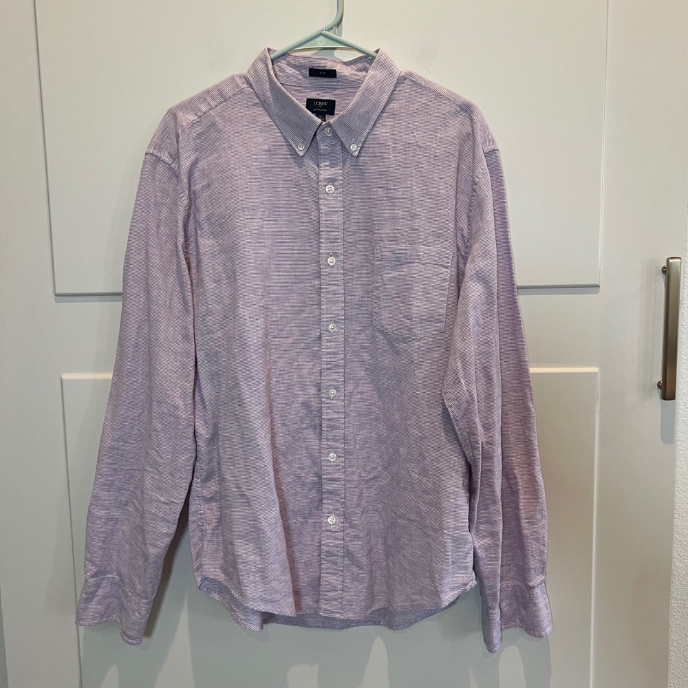 J.Crew Men XL Slim Fit Cotton Linen Striped Long Sleeve Button Down Shirt Purple